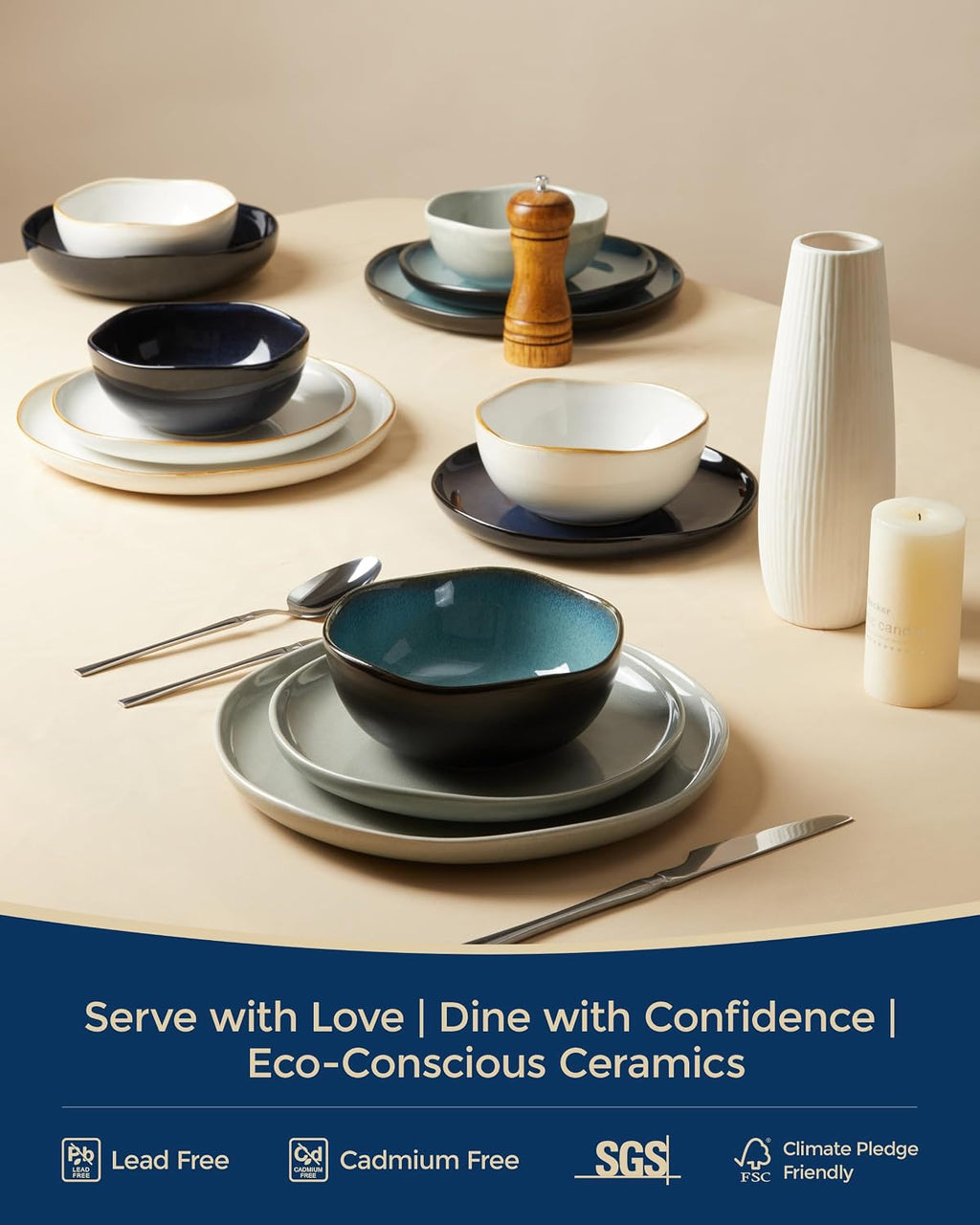 Pokini Extra Large Dinnerware Set for 12, 36 Pieces Ceramic Plates and Bowls Set, Kitchen Dish Set, Microwave & Dishwasher Safe Dishware, Ocean-Inspired Stoneware for Big Gatherings, Starry Blue