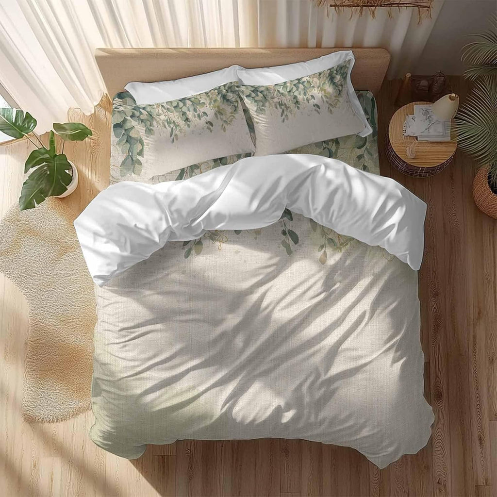 Prime Leader Green Eucalyptus Leaves Duvet Cover Set Queen Size 4 Pieces Flower Vintage Linen Texture Bedding Set with Zipper Closure, 1 Comforter Cover 92x106 Inches 1 Flat Sheet & 2 Pillow Cases