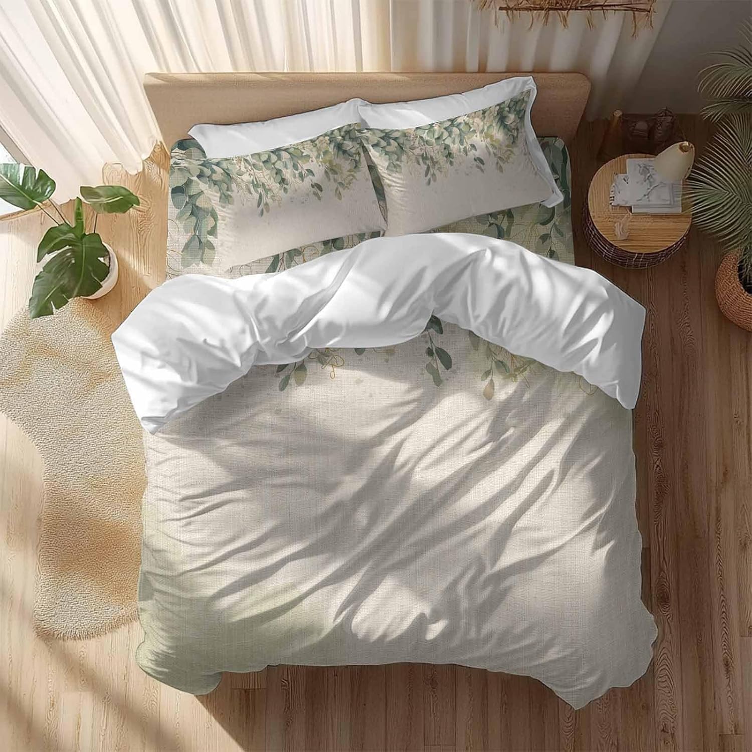 Prime Leader Green Eucalyptus Leaves Duvet Cover Set Queen Size 4 Pieces Flower Vintage Linen Texture Bedding Set with Zipper Closure, 1 Comforter Cover 92x106 Inches 1 Flat Sheet & 2 Pillow Cases