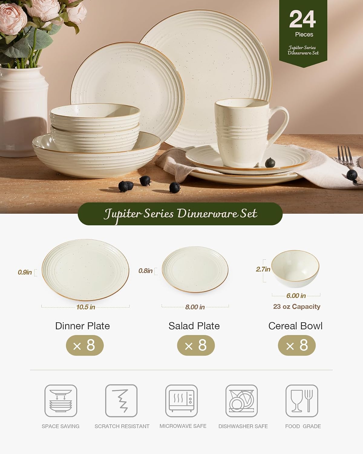 Famiware Jupiter 24-Piece Stoneware Dinnerware Set for 8, Handcrafted Plates and Bowls with Speckles & Embossed Swirls, Chip/Scratch Resistant, Microwave/Dishwasher Safe, Rustic Dishes, Vanilla White