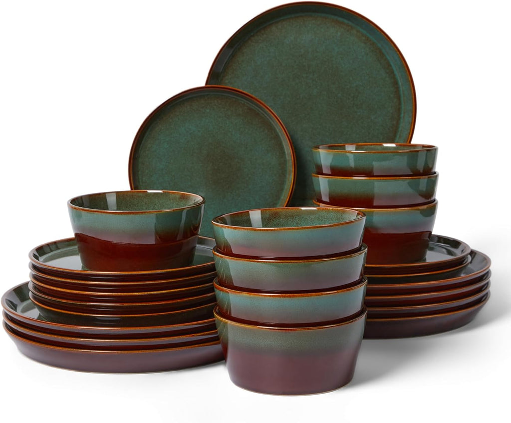 Pokini Plates and Bowls Sets for 8, Ceramic Dinnerware Sets, Kitchen Dish Set, Microwave & Dishwasher Safe Dishware, Highly Durable Handcrafted Dinner Set, Brown Green