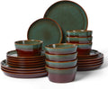 Pokini Plates and Bowls Sets for 8, Ceramic Dinnerware Sets, Kitchen Dish Set, Microwave & Dishwasher Safe Dishware, Highly Durable Handcrafted Dinner Set, Brown Green