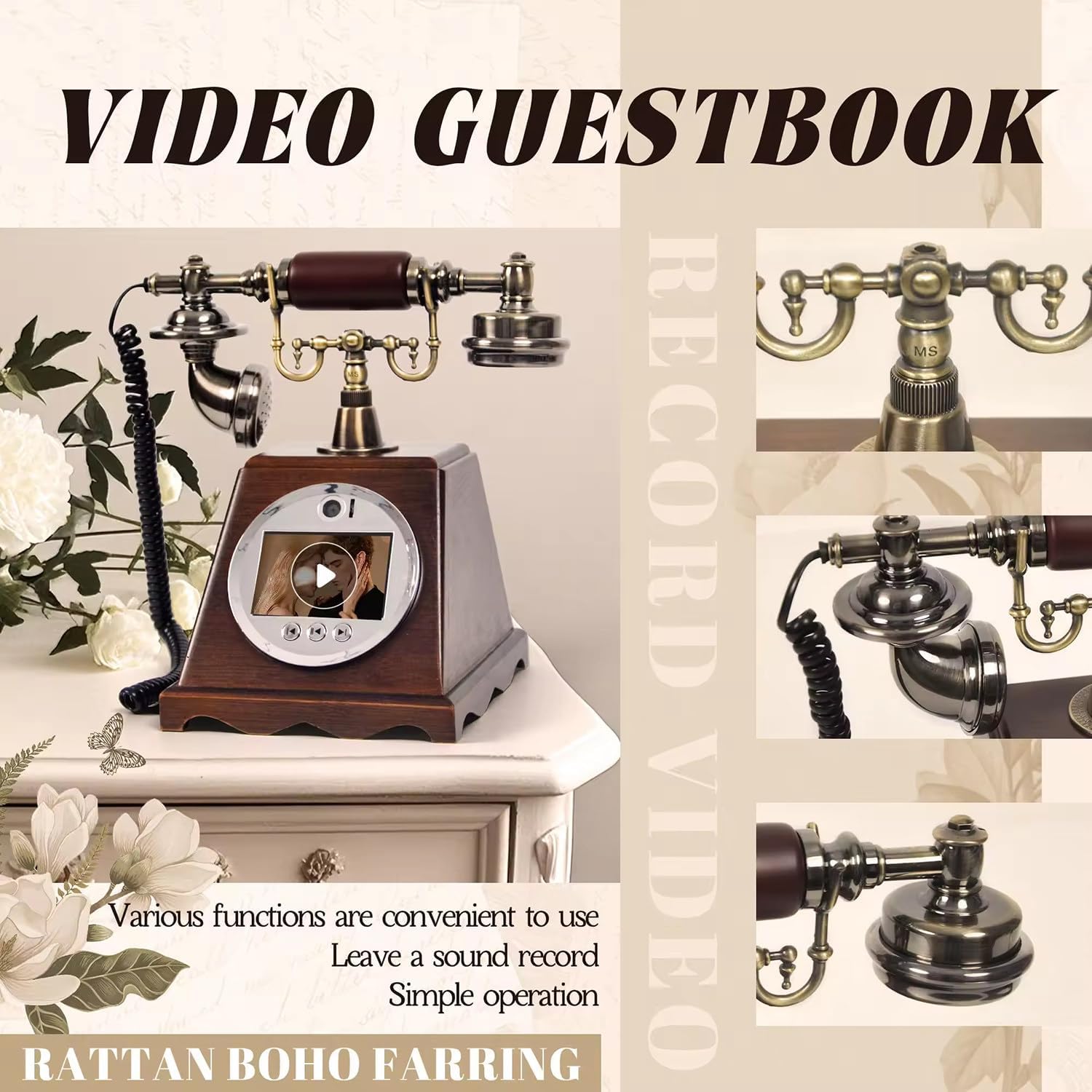Audio Guest Book Wedding Phone, Audio Phone Guestbook, with 3.5in 2k HD Display and 5000mah Battery, 128gb Large Memory, 70 Hours Video Recording Time, Adjustable Camera Angle