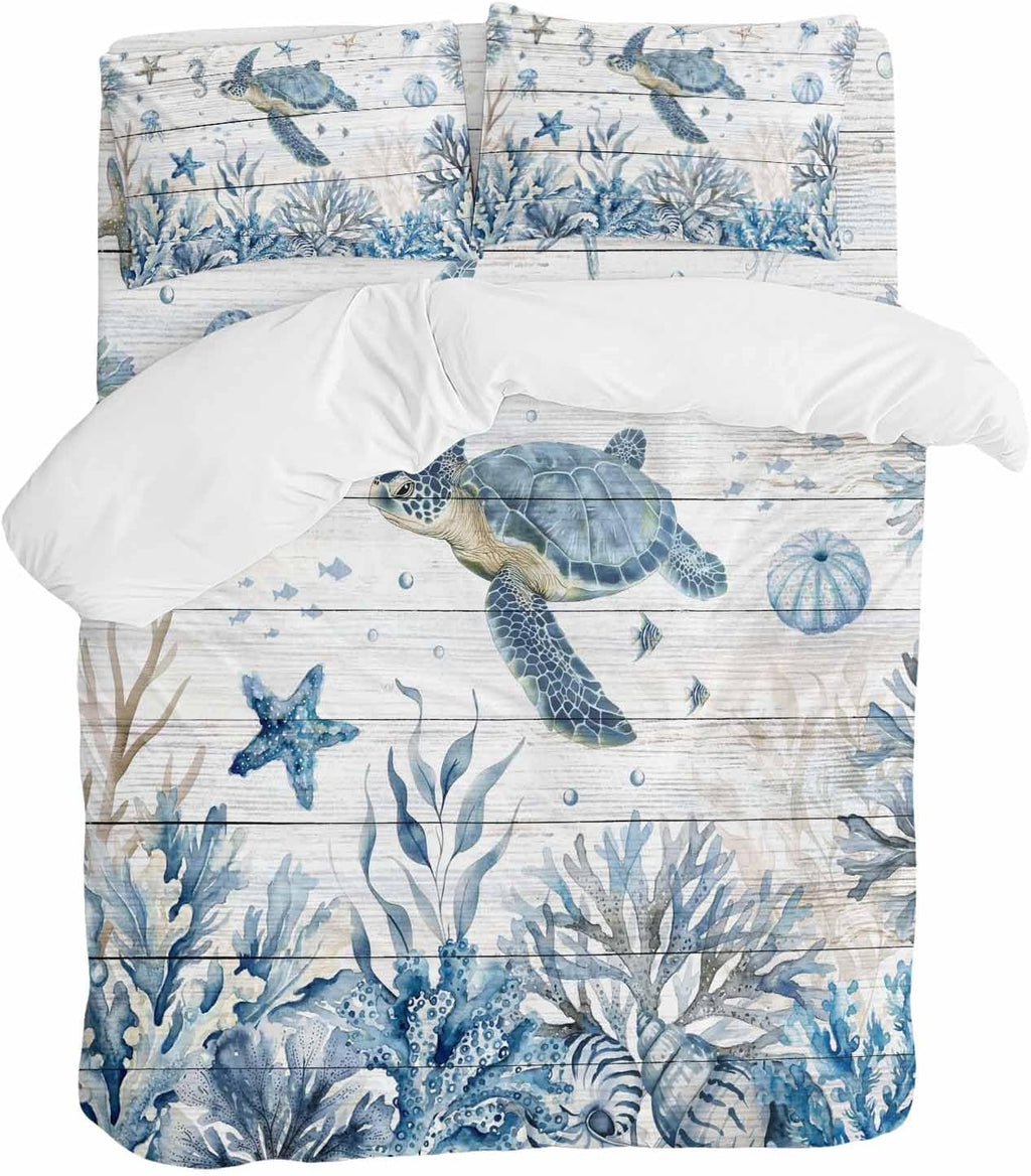 Marine Life Duvet Cover Set Queen Size 4 Pieces Ocean Turtle Coral Starfish Seashell Coastal Wood Grain Bedding Set with Zipper Closure, 1 Comforter Cover 90x92 Inches 1 Flat Sheet & 2 Pillow Cases