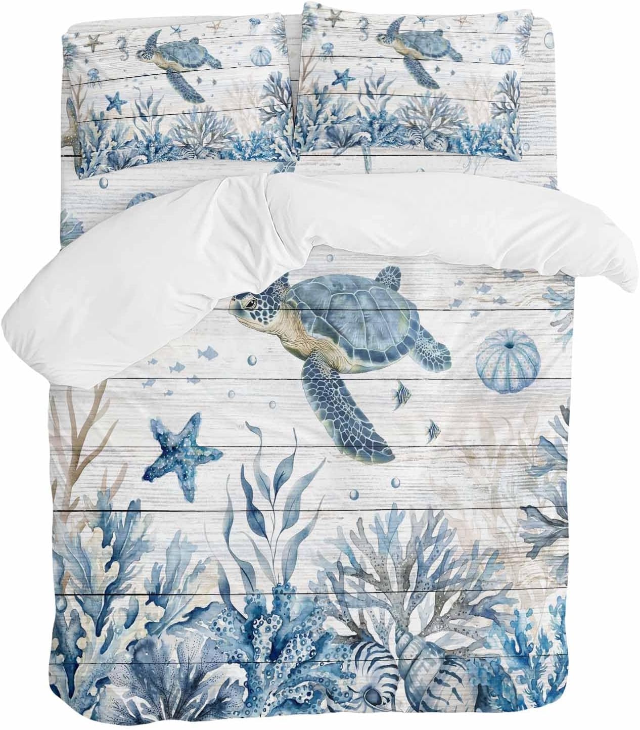 Marine Life Duvet Cover Set Queen Size 4 Pieces Ocean Turtle Coral Starfish Seashell Coastal Wood Grain Bedding Set with Zipper Closure, 1 Comforter Cover 90x92 Inches 1 Flat Sheet & 2 Pillow Cases