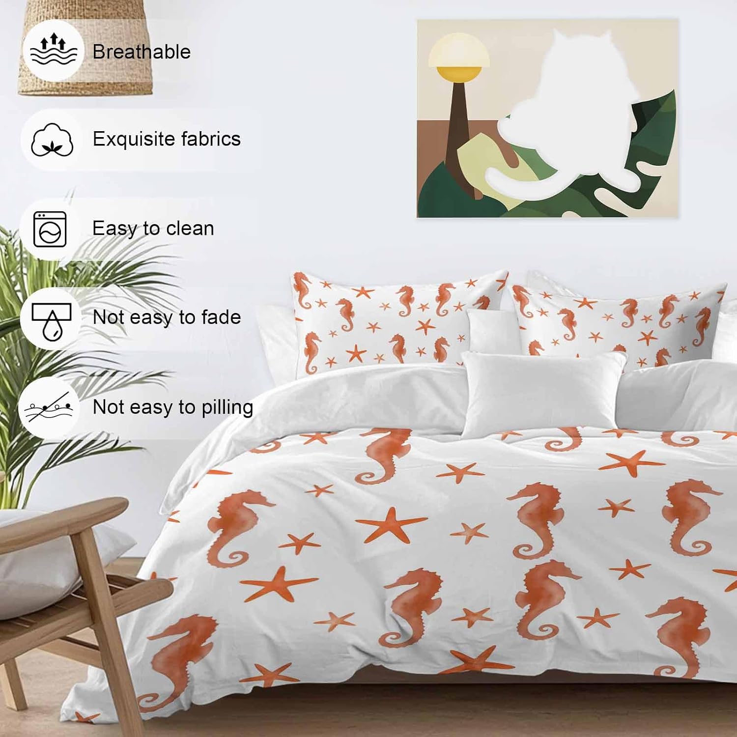 Orange Marine Life Duvet Cover Set Queen Size 4 Pieces Summer Seahorse and Starfish Ocean Theme Bedding Set with Zipper Closure, 1 Comforter Cover 86x86 Inches 1 Flat Sheet & 2 Pillow Cases