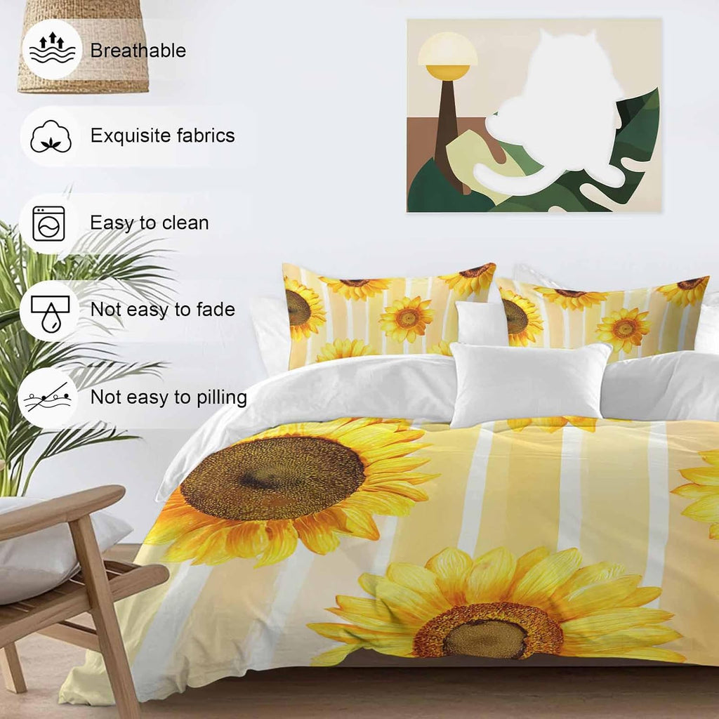 Prime Leader Sunflower Duvet Cover Set Queen Size 4 Pieces Yellow Floral Yellow Watercolor Strip Summer Bedding Set with Zipper Closure, 1 Comforter Cover 92x106 Inches 1 Flat Sheet & 2 Pillow Cases