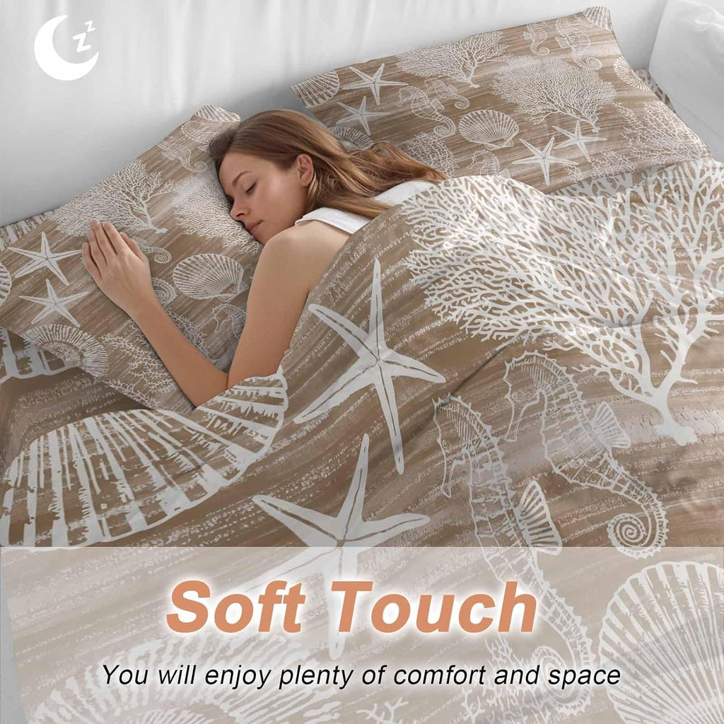 Prime Leader Brown Coastal Duvet Cover Set Queen Size 4 Pieces Nautical Starfish Seahorse Coral Summer Bedding Set with Zipper Closure, 1 Comforter Cover 90x92 Inches 1 Flat Sheet & 2 Pillow Cases