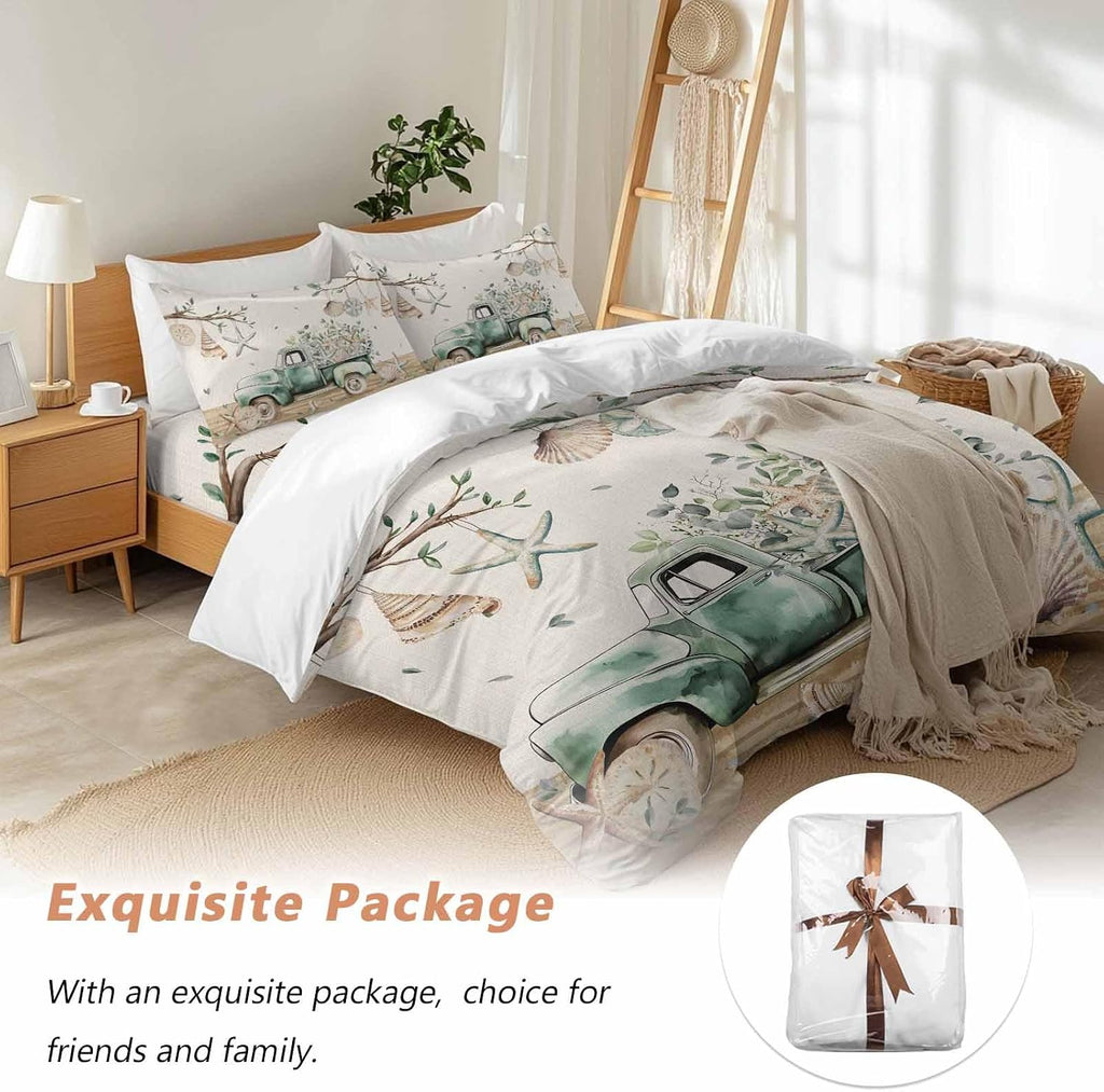 Prime Leader Sage Green Truck Duvet Cover Set Queen Size 4 Pieces Ocean Starfish Shell Summer Leaf Wood Bedding Set with Zipper Closure, 1 Comforter Cover 90x92 Inches 1 Flat Sheet & 2 Pillow Cases