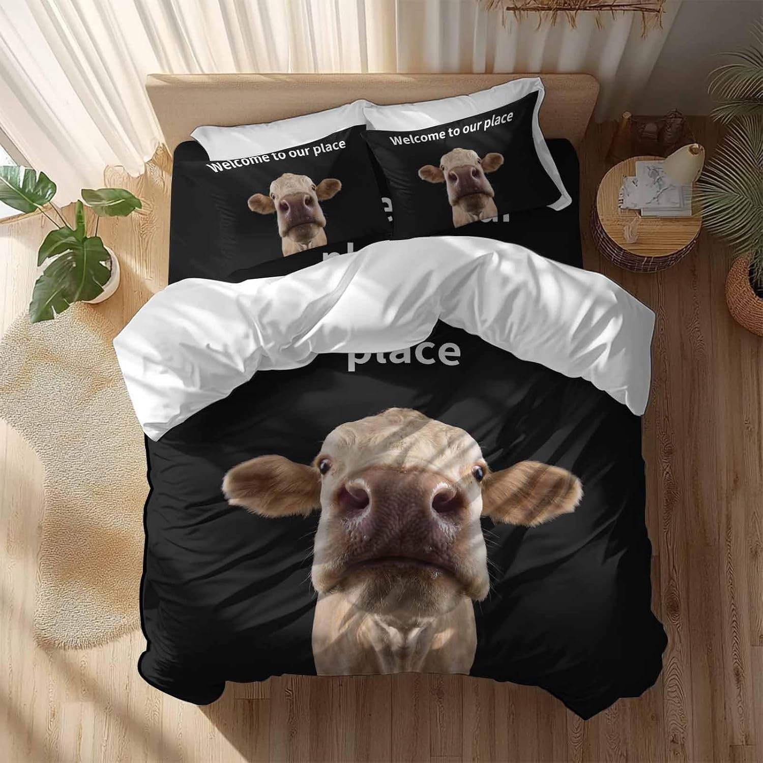 Prime Leader Funny Cow Duvet Cover Set Queen Size 4 Pieces Welcome to Our Place Abstract Animal Bedding Set with Zipper Closure, 1 Comforter Cover 92x106 Inches 1 Flat Sheet & 2 Pillow Cases