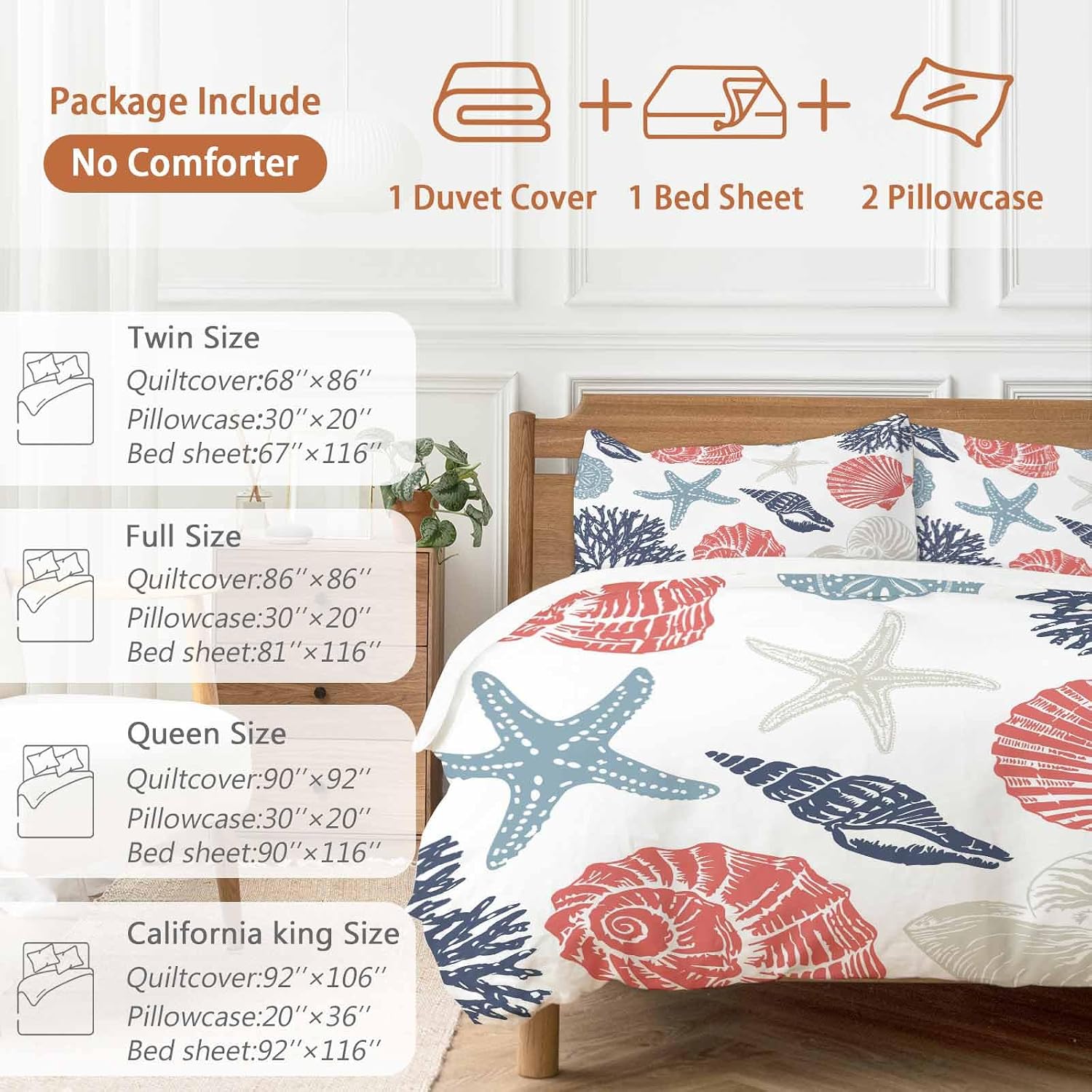 Summer Marine Life Duvet Cover Set Queen Size 4 Pieces Graffiti Red Corals Shell Conch Blue Starfish Bedding Set with Zipper Closure, 1 Comforter Cover 90x92 Inches 1 Flat Sheet & 2 Pillow Cases