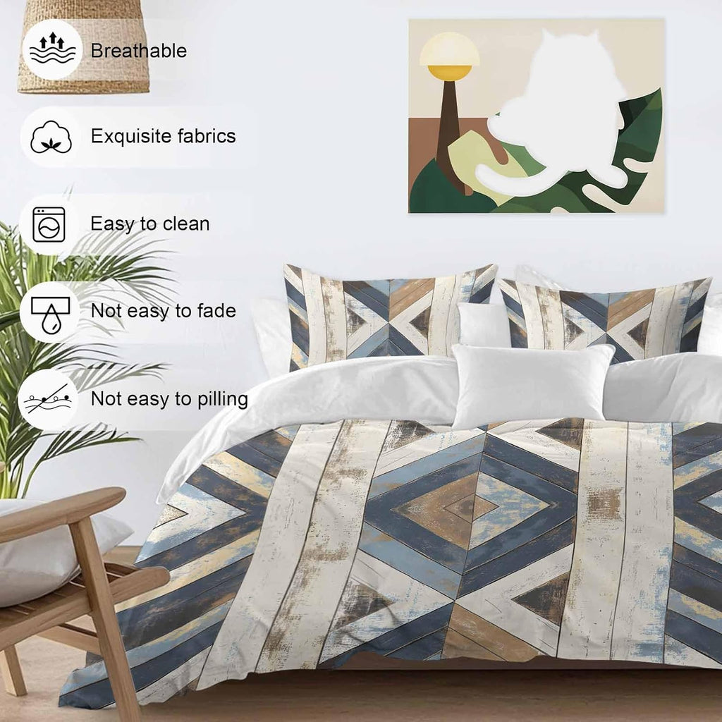 Vintage Duvet Cover Set Queen Size 4 Pieces Western Aztec Geometric Strip Wood Texture Farmhouse Bedding Set with Zipper Closure, 1 Comforter Cover 92x106 Inches 1 Flat Sheet & 2 Pillow Cases