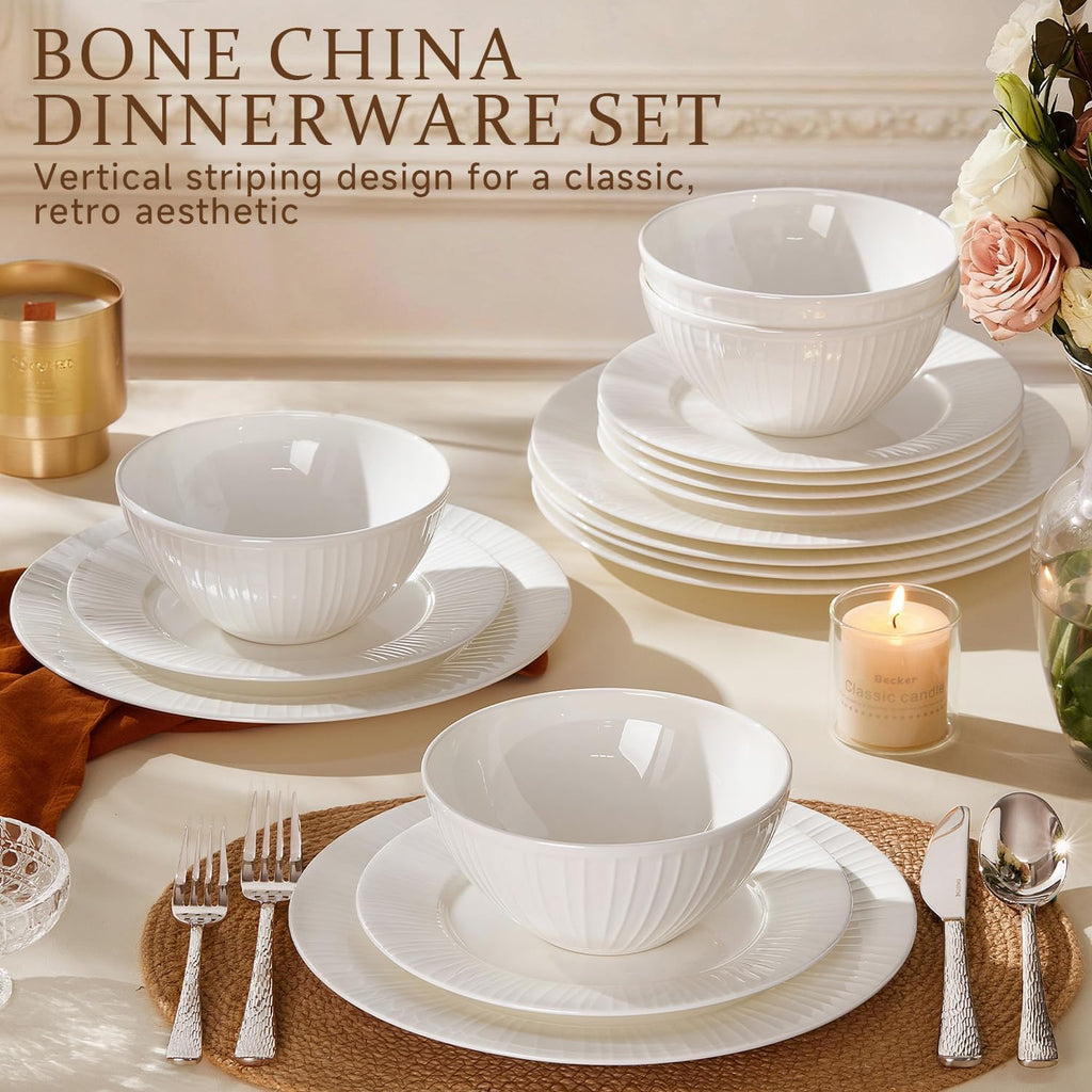 KINGSTONE Bone China Dinnerware Set, 18-Piece White Lightweight Porcelain with Textured Design Service for 6, Plates, Bowls, for Family Dining, Restaurants, Gifting，Microwave and Dishwasher Safe