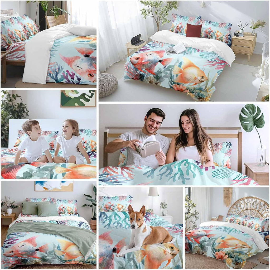 Summer Fish Duvet Cover Set Queen Size 4 Pieces Nautical Watercolor Orange Red Marine Life Coral Seaweed Bedding Set with Zipper Closure, 1 Comforter Cover 86x86 Inches 1 Flat Sheet & 2 Pillow Cases