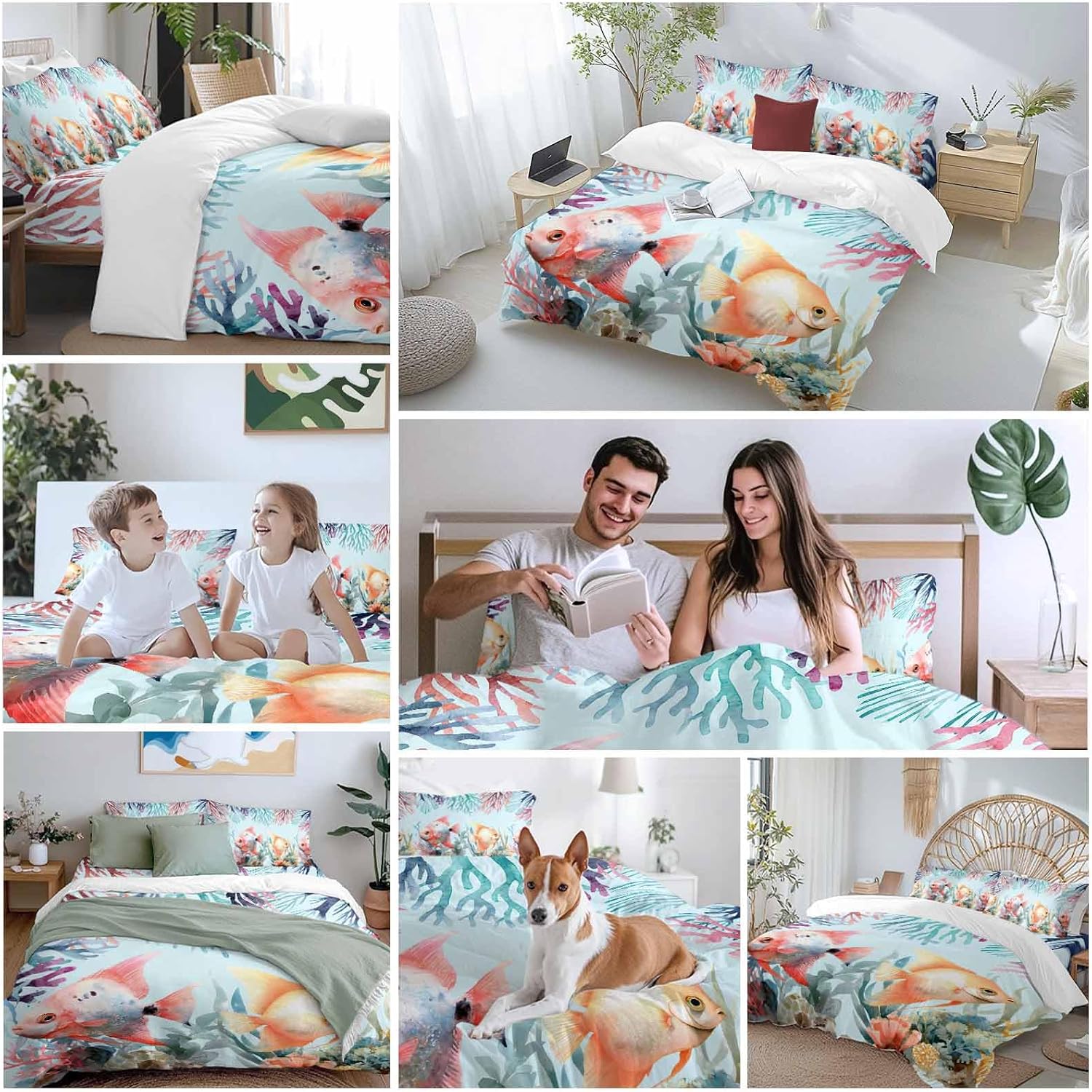 Summer Fish Duvet Cover Set Queen Size 4 Pieces Nautical Watercolor Orange Red Marine Life Coral Seaweed Bedding Set with Zipper Closure, 1 Comforter Cover 86x86 Inches 1 Flat Sheet & 2 Pillow Cases