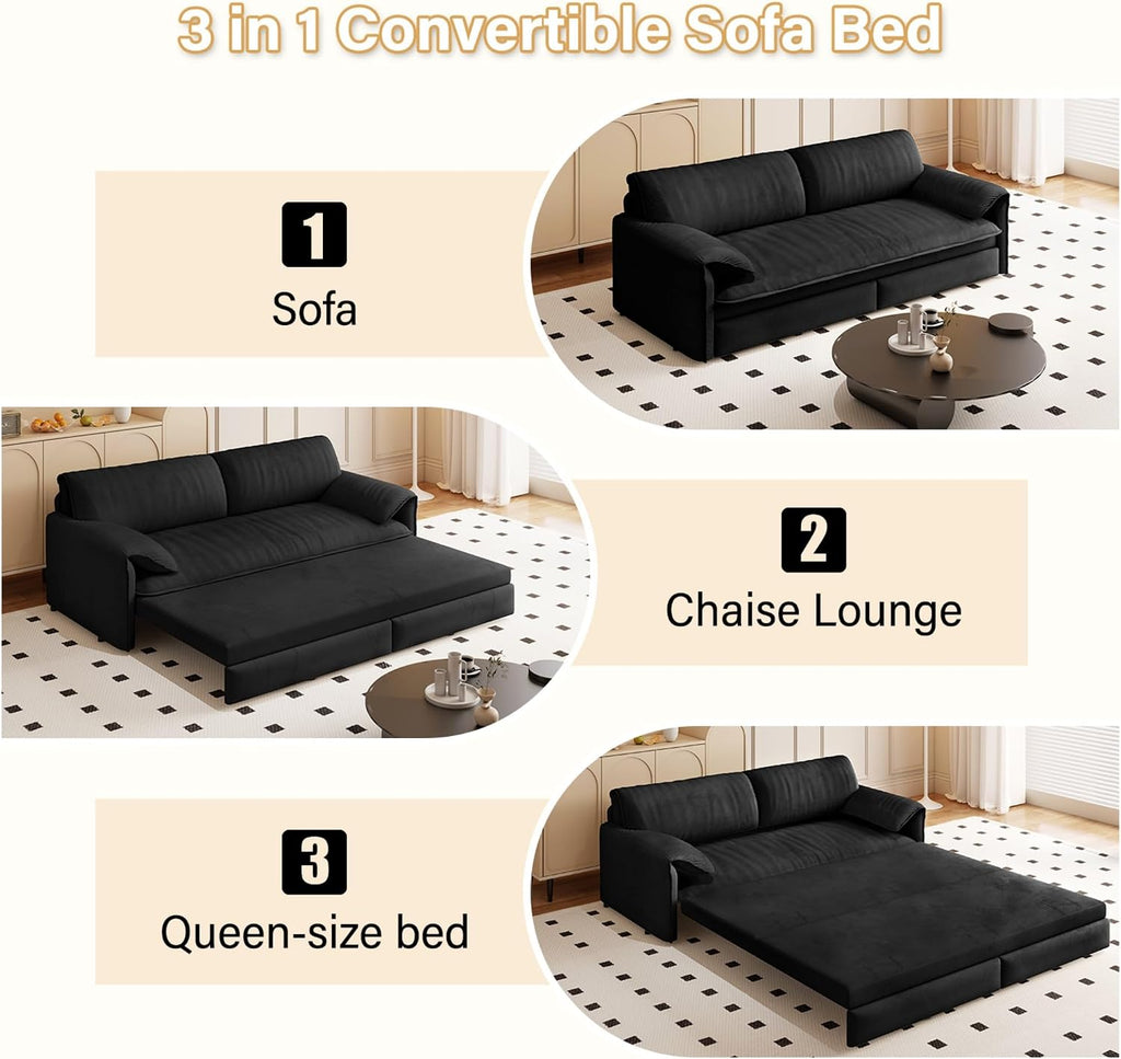 WILLIAMSPACE 66' Queen Pull Out Sofa Bed, 3-in-1 Velvet Convertible Sleeper Sofa Couch with Side Storage, Multi-Functional Loveseat Bed Pull Out Couch for Living Room, Apartment (Black)