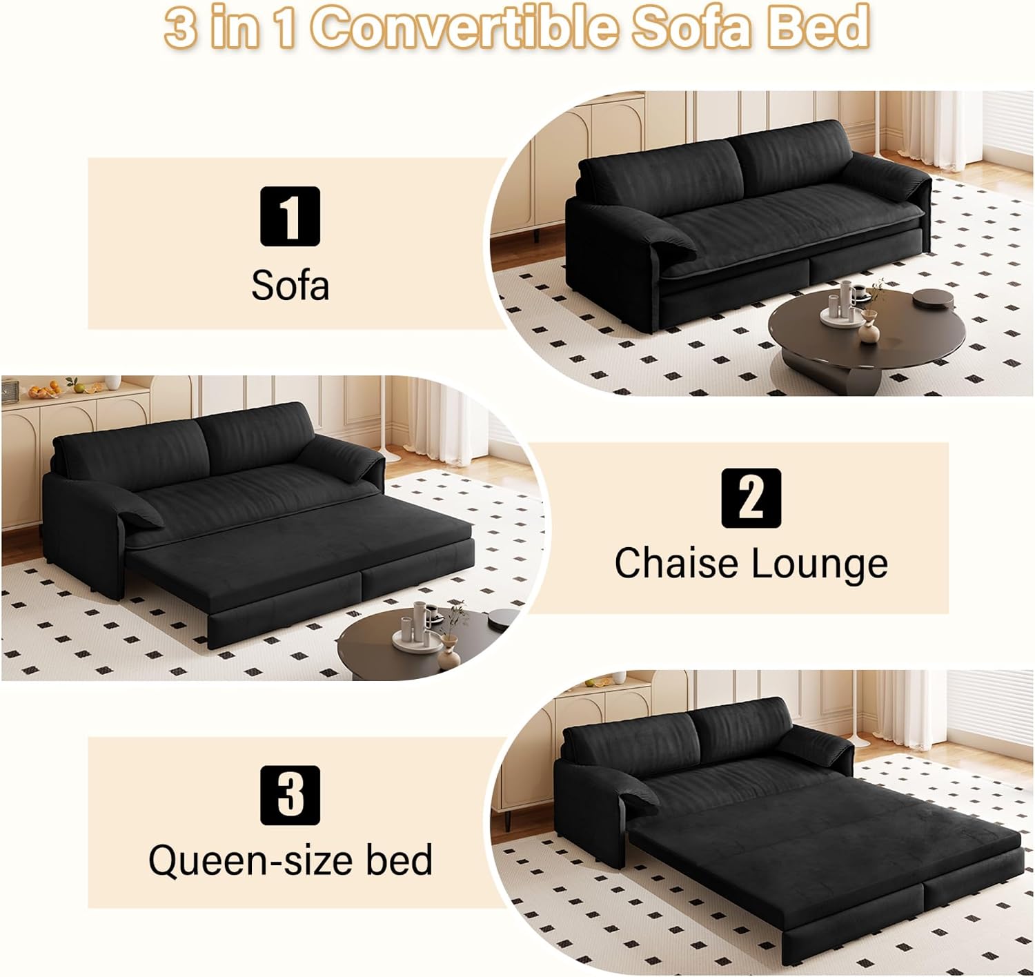 WILLIAMSPACE 66' Queen Pull Out Sofa Bed, 3-in-1 Velvet Convertible Sleeper Sofa Couch with Side Storage, Multi-Functional Loveseat Bed Pull Out Couch for Living Room, Apartment (Black)