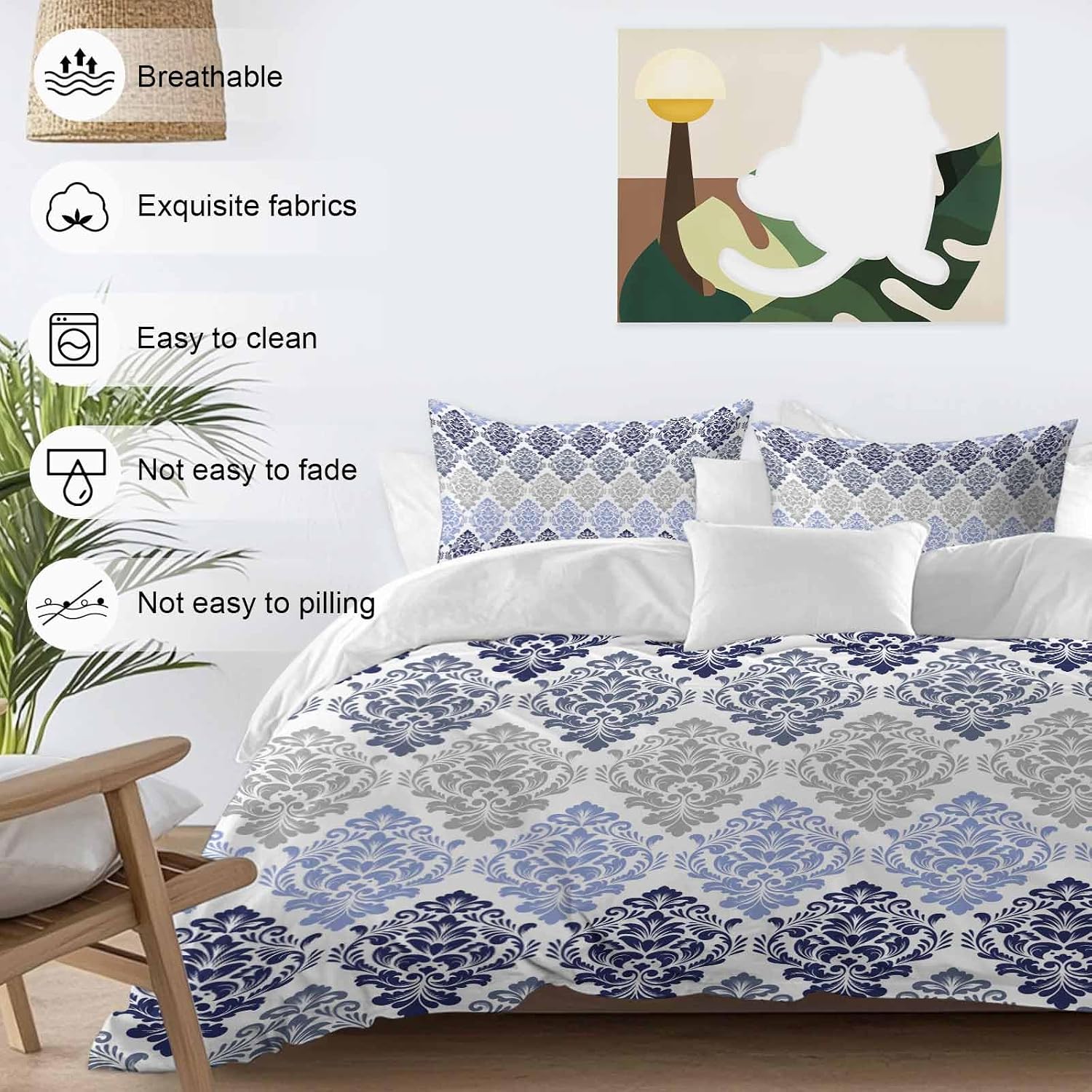 Prime Leader Vintage Floral Duvet Cover Set Queen Size 4 Pieces Blue Gray Flower Pattern Country Gradient Bedding Set with Zipper Closure, 1 Comforter Cover 90x92 Inches 1 Flat Sheet & 2 Pillow Cases