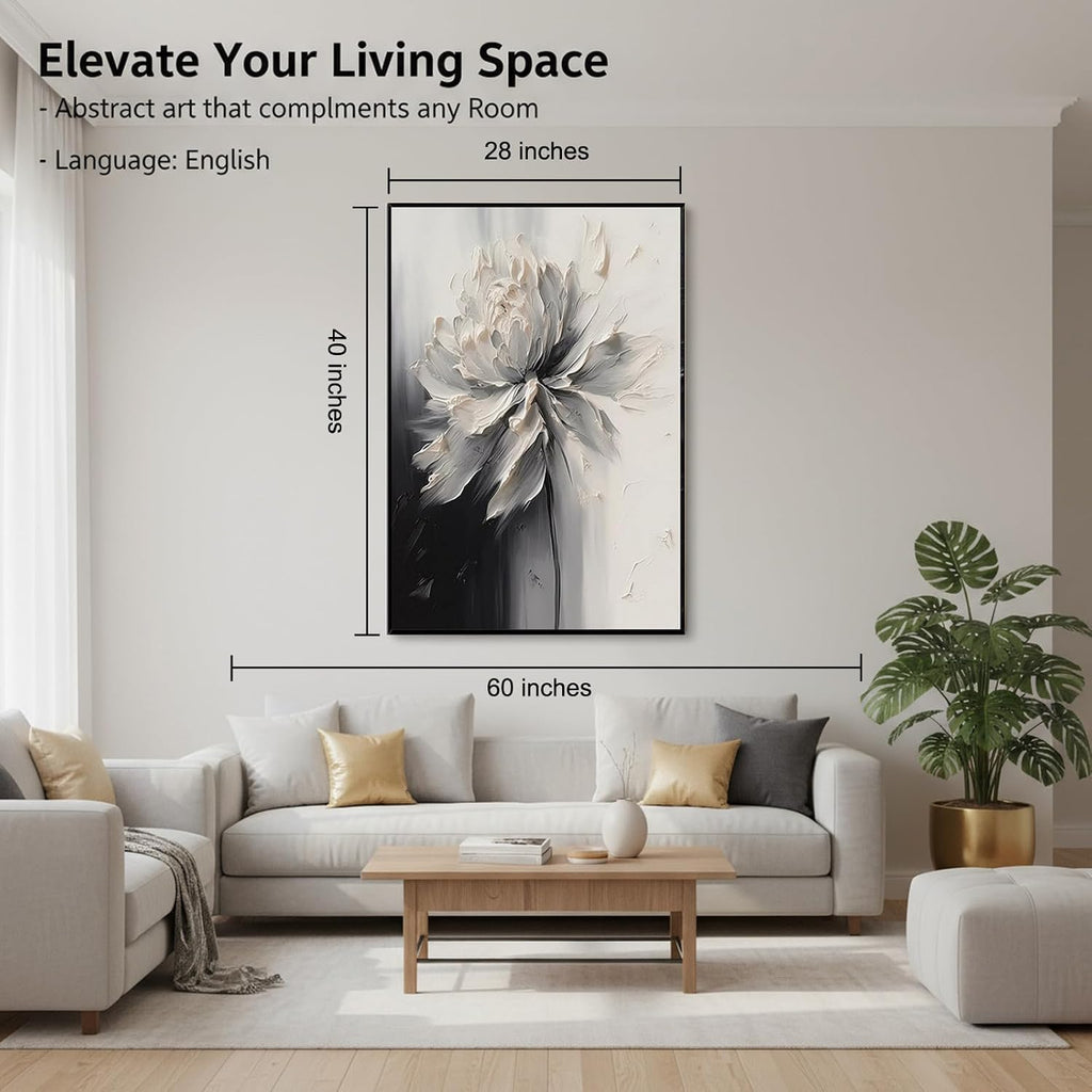 Hand Painted White And Black Flower Canvas Wall Art for Living Room,Large Framed Floral Oil Painting for Bedroom, Modern 3D Floral Artwork Wall Decor for Office Home Decor 28' x 40'