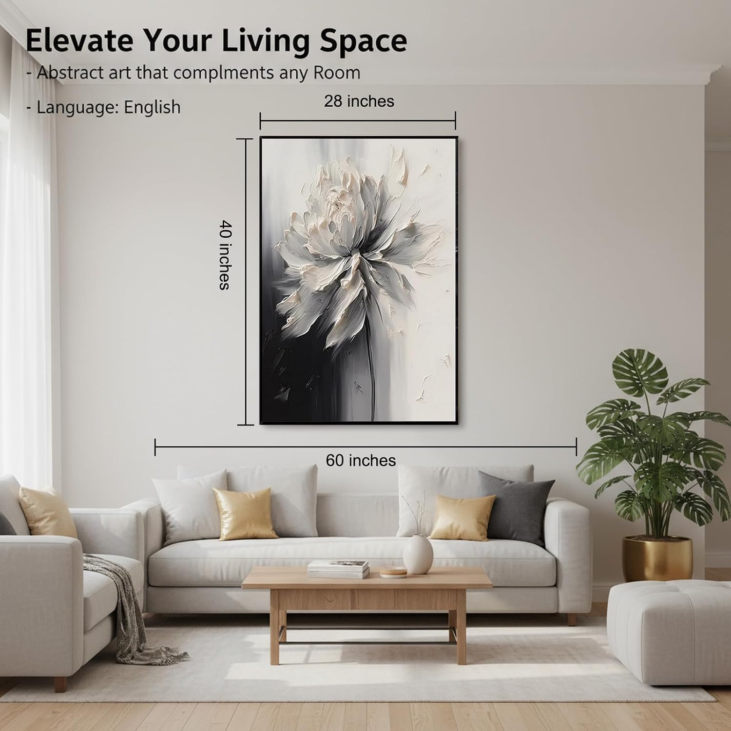 Hand Painted White And Black Flower Canvas Wall Art for Living Room,Large Framed Floral Oil Painting for Bedroom, Modern 3D Floral Artwork Wall Decor for Office Home Decor 28' x 40'