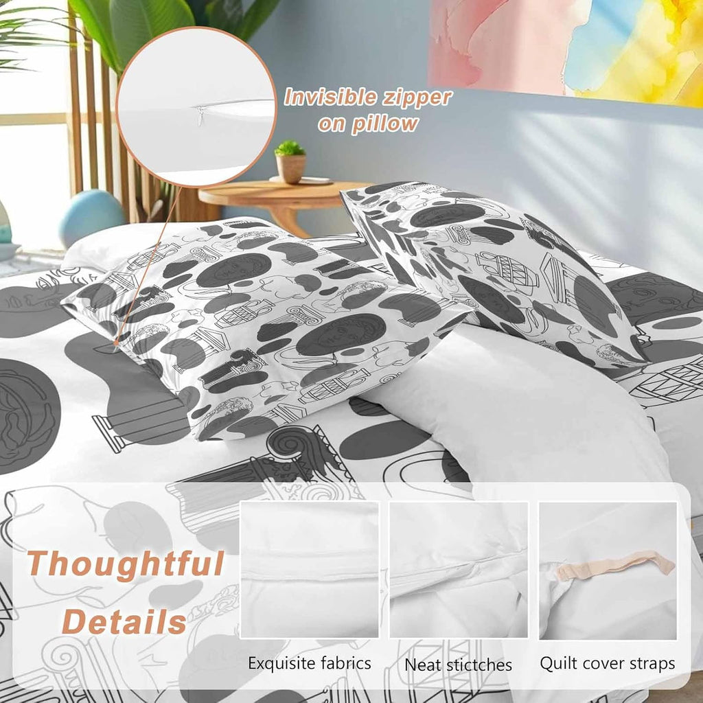 Modern Abstract Duvet Cover Set Queen Size 4 Pieces Grey Classical Ancient Greek Sculptural Heads Bedding Set with Zipper Closure, 1 Comforter Cover 90x92 Inches 1 Flat Sheet & 2 Pillow Cases