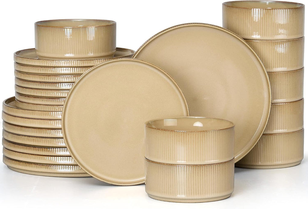 E-far 24-Piece Stoneware Dinnerware Sets, Plates and Bowls Sets for 8, Kitchen Modern Dinning Porcelain Dishes Set, Chip & Scratch Resistant, Dishwasher & Microwave Safe, Caramel Khaki