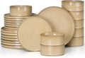 E-far 24-Piece Stoneware Dinnerware Sets, Plates and Bowls Sets for 8, Kitchen Modern Dinning Porcelain Dishes Set, Chip & Scratch Resistant, Dishwasher & Microwave Safe, Caramel Khaki