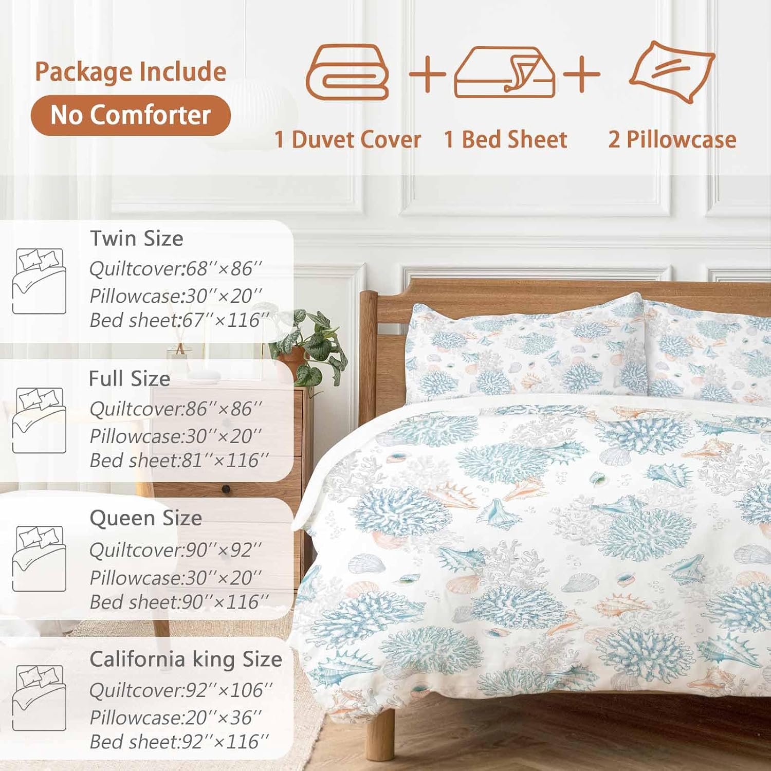 Summer Marine Life Duvet Cover Set Queen Size 4 Pieces Ocean Blue Coral Shells Coastal Conch Bedding Set with Zipper Closure, 1 Comforter Cover 92x106 Inches 1 Flat Sheet & 2 Pillow Cases
