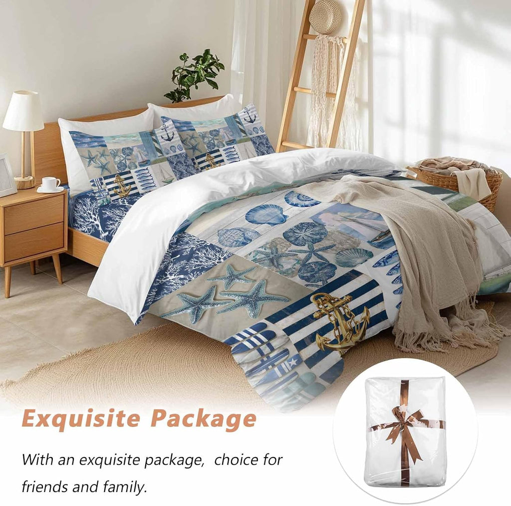 Summer Nautical Duvet Cover Set Queen Size 4 Pieces Blue Starfish Shells Anchor Boat Patchwork Bedding Set with Zipper Closure, 1 Comforter Cover 90x92 Inches 1 Flat Sheet & 2 Pillow Cases