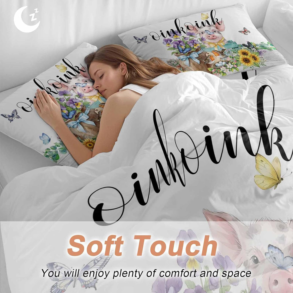 Prime Leader Floral Animals Duvet Cover Set Queen Size 4 Pieces Retro Flowers Fence Pig Birds Butterfly Bedding Set with Zipper Closure, 1 Comforter Cover 90x92 Inches 1 Flat Sheet & 2 Pillow Cases