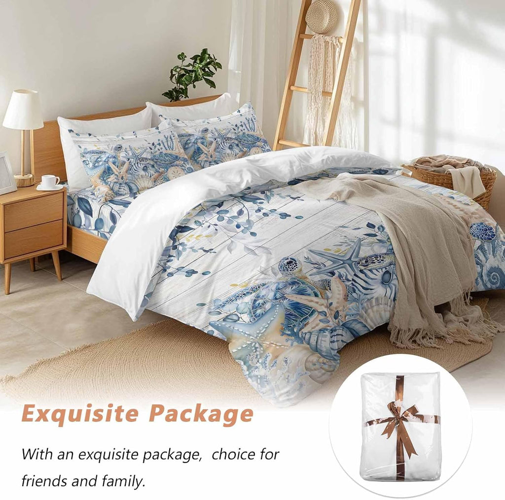 Prime Leader Ocean Turtle Duvet Cover Set Queen Size 4 Pieces Retro Sea Stars Shells Blue Leaf Wood Grain Bedding Set with Zipper Closure, 1 Comforter Cover 90x92 Inches 1 Flat Sheet & 2 Pillow Cases