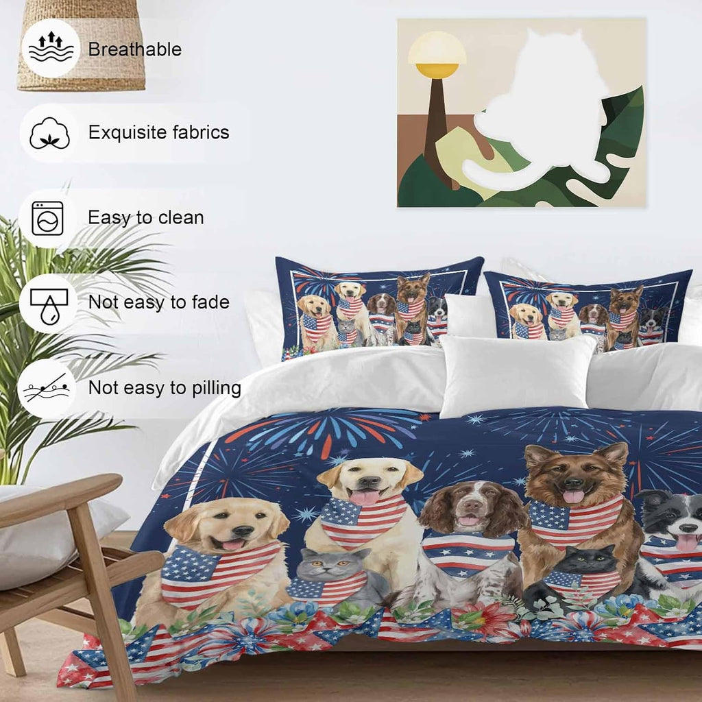 Independence Day Dog Cat Duvet Cover Set Queen Size 4 Pieces Watercolor Red Blue Stripe Star Flag Firework Blue Bedding Set with Zipper Closure,1 Comforter Cover 86x86 Inch 1 Flat Sheet&2 Pillow Cases