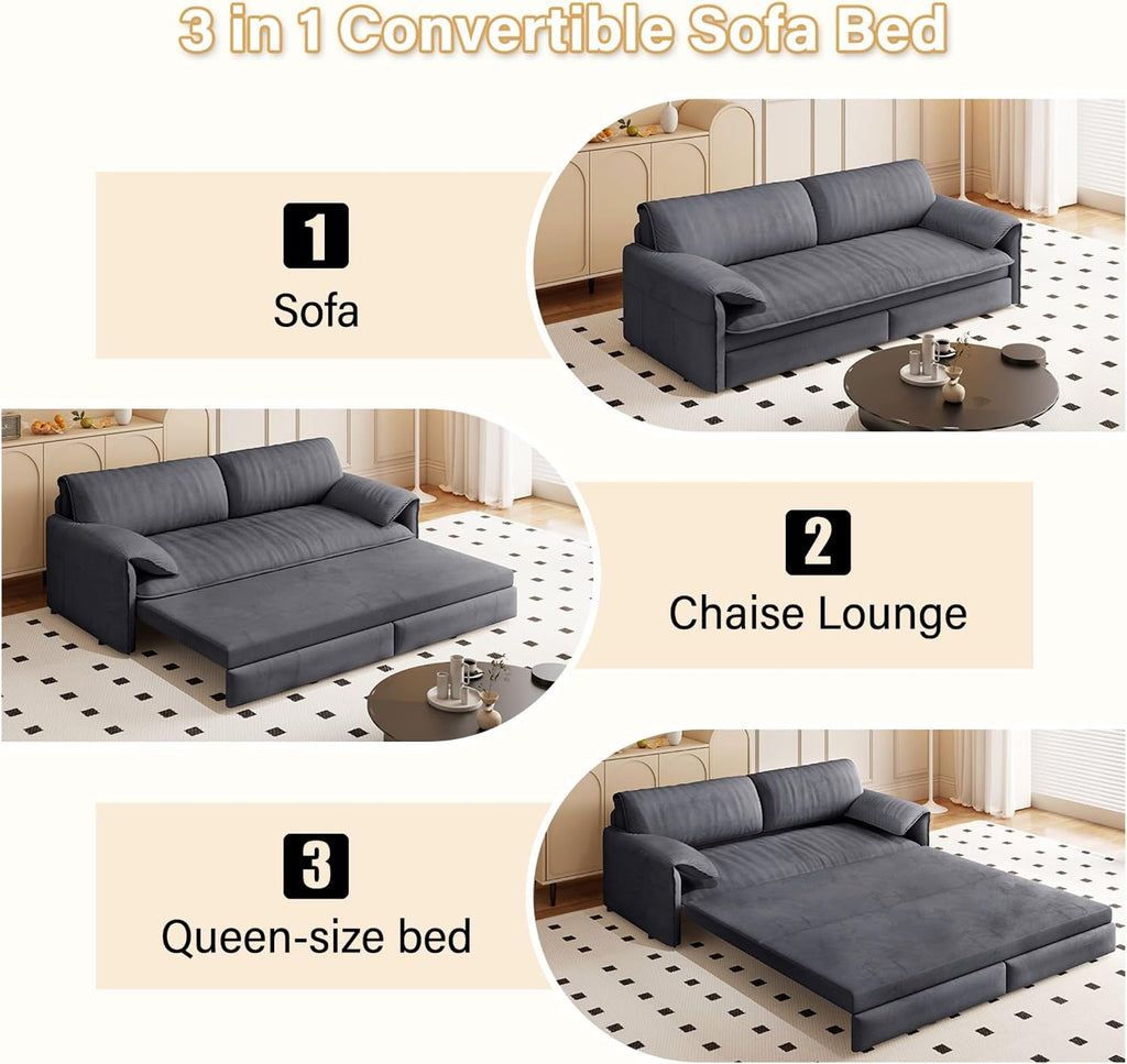 WILLIAMSPACE 66' Queen Pull Out Sofa Bed, 3-in-1 Velvet Convertible Sleeper Sofa Couch with Side Storage, Multi-Functional Loveseat Bed Pull Out Couch for Living Room, Apartment (Gray)
