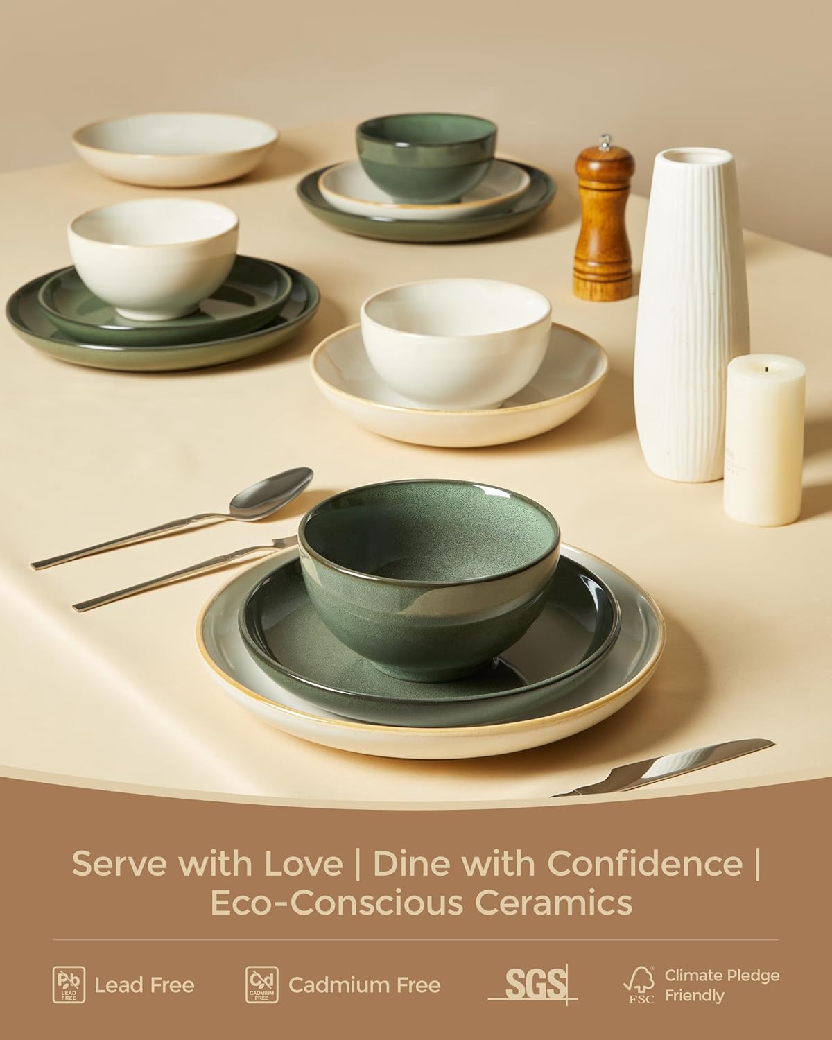 Pokini Plates and Bowls Sets for 8, 24 Piece Dinnerware Set for Large Families & Entertaining, Elegant Design, Dishwasher & Microwave Safe, Chip Resistant and Durable, Yellow White