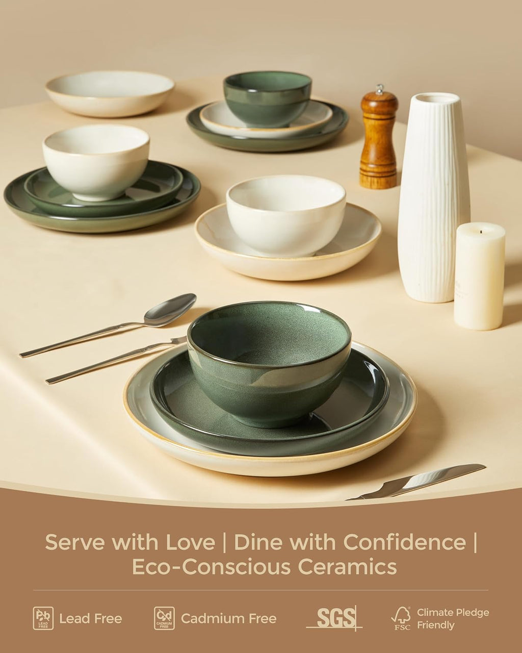 Pokini 32 Piece Double Bowl Dinnerware Sets with Pasta Bowls, Highly Chip and Crack Resistant Plates and Bowls Sets, Natural Earthyware Ceramic Dishware Sets, Service for 8 Yellow White