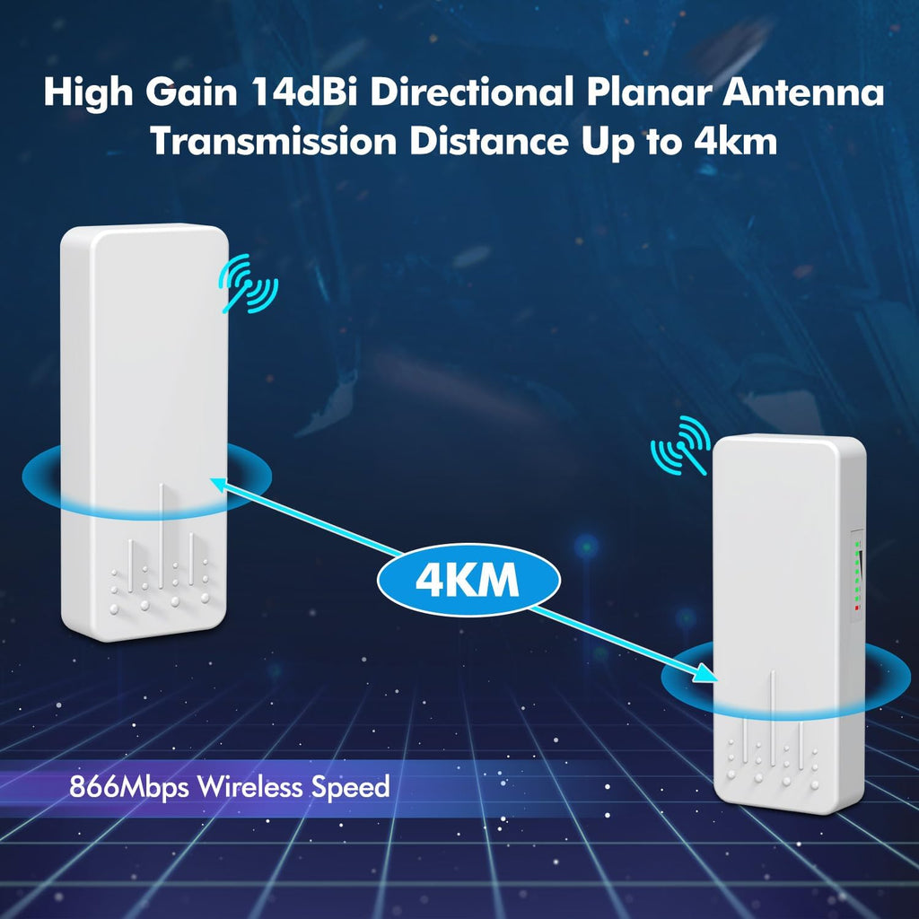 Outdoor Wireless Bridge, NICGIGA 5.8G 4KM Transmission WiFi Point-to-Point Wireless Ethernet Bridge Router, with 2 Gigabit RJ45 LAN Ports, 2-Pack CPE, Factory Pairing Without Setting, Plug and Play.