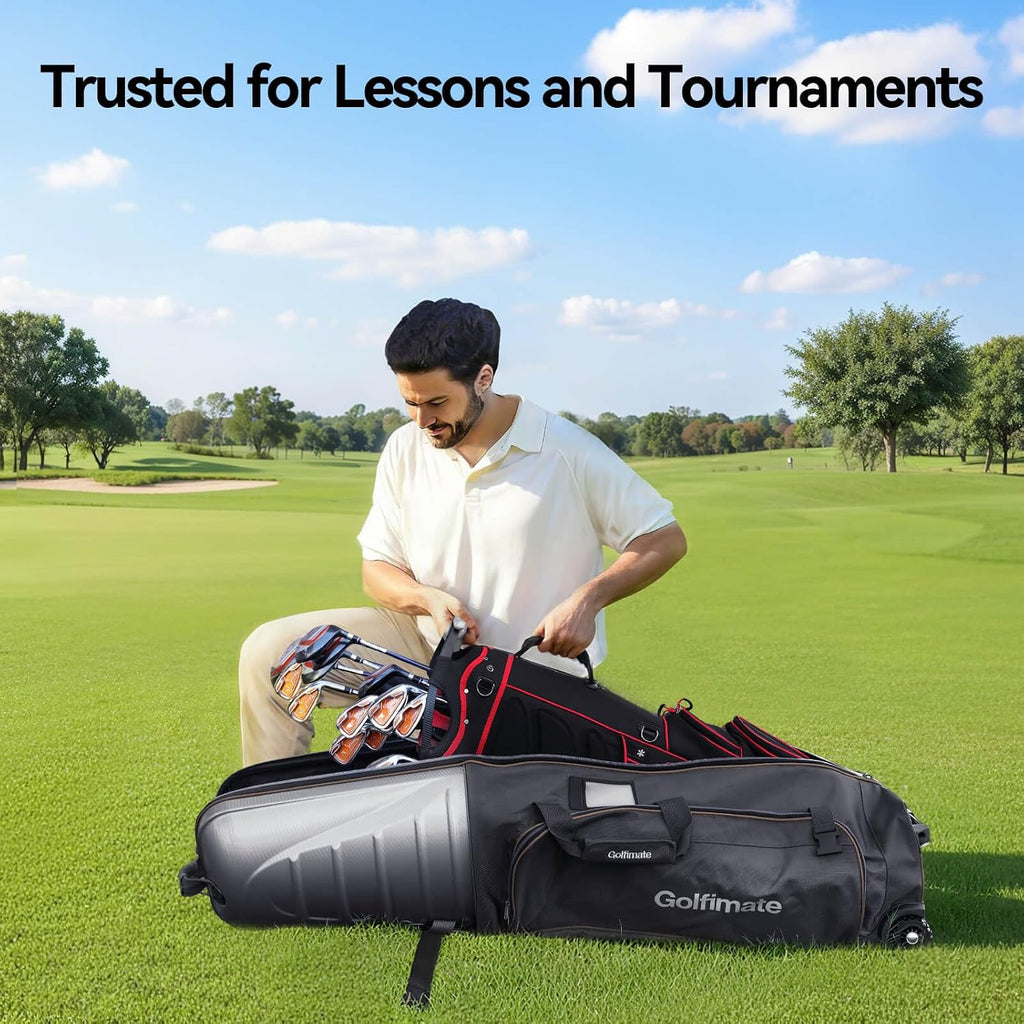 Golf Travel Bags for Airlines with Carbon Fiber Hard Top, Protective Club Traveling Cover with Wheel, Golf Club Carrier Case for Airplanes, Thick Padding, Durable Zippers and 2 Sided Spacious Pockets
