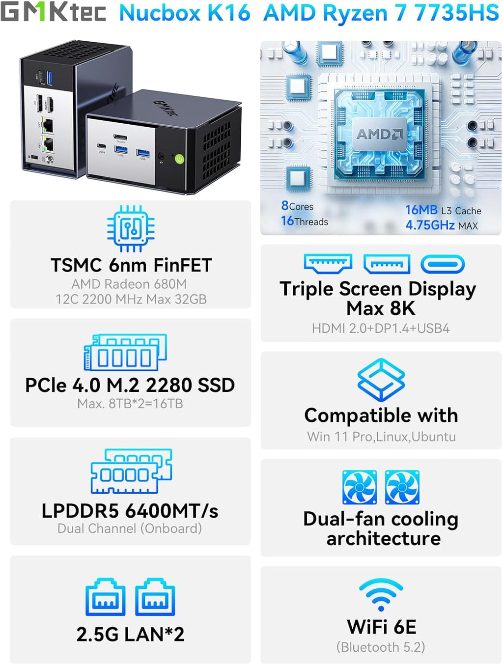 GMKtec K16 Mini PC Gaming AMD Ryzen7 7735HS 32GB LPDDR5 6400MT/s 1TB PCle 4.0 SSD Dual NIC LAN 2.5GbE, Oculink,Triple Display HDMI 2.0+DP1.4+USB4, WiFi6E, BT5.2