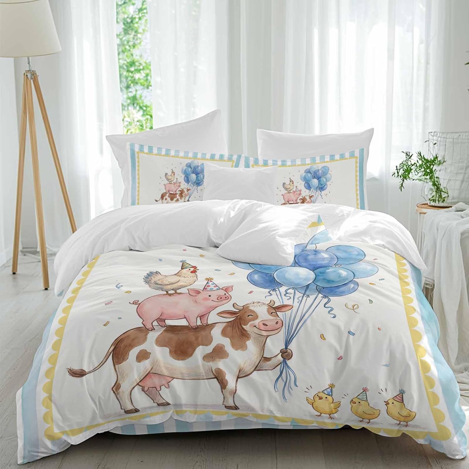 Pig Cow Duvet Cover Set Queen Size 4 Pieces Hen Chicks Blue Balloons Watercolor Animal Yellow Border Striped Bedding Set with Zipper Closure,1 Comforter Cover 90x92 Inches 1 Flat Sheet&2 Pillow Cases
