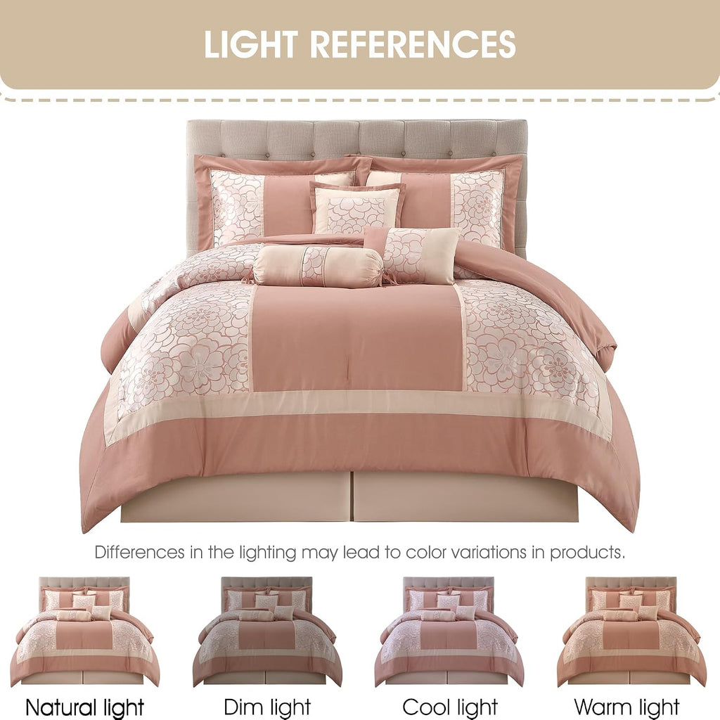 Grand Avenue Blush Comforter Set California King Size, 7 Piece Jacquard Soft Bedding Set, All Season, Bedskirt, Pillows & Shams