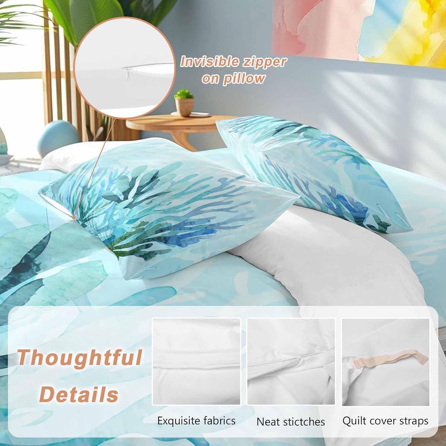 Prime Leader Blue Gradient Coral Duvet Cover Set Queen Size 4 Pieces Ocean Coastal Sea Watercolor Coral Bedding Set with Zipper Closure, 1 Comforter Cover 92x106 Inches 1 Flat Sheet & 2 Pillow Cases