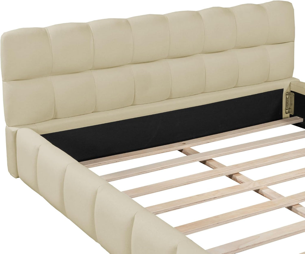 Upholstered Platform Bed, Bed with Square Grid Soft Bag,Platform Bed with Thick Fabric, Grounded Bed with Solid Frame, Queen Size,Beige