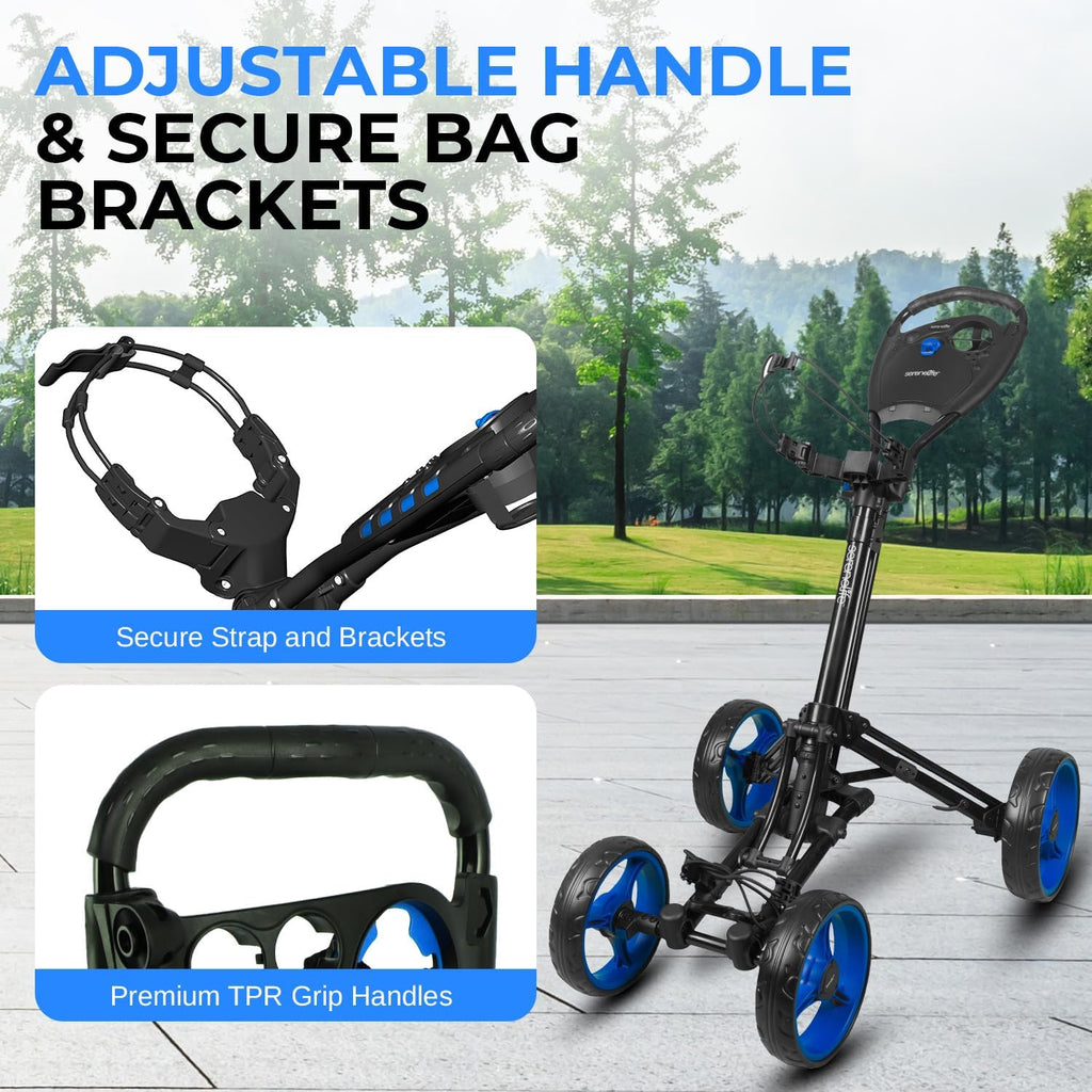 SereneLife Golf Cart Lightweight Foldable Golf Push Cart - Aluminum Folding Trolley with Adjustable Handle, Elastic Bag Straps, Dual Brakes, Scorecard & Cup Holders for Easy Maneuverability