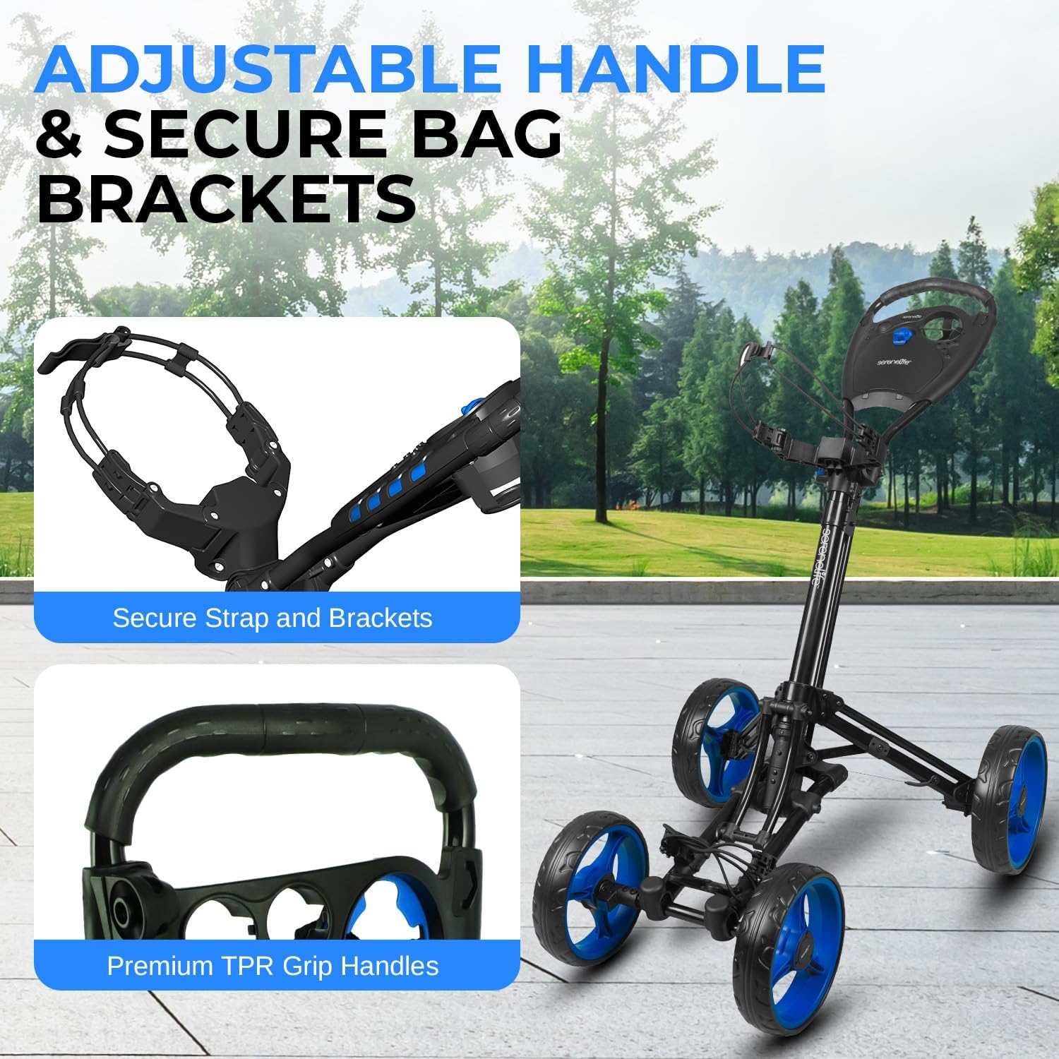 SereneLife Golf Cart Lightweight Foldable Golf Push Cart - Aluminum Folding Trolley with Adjustable Handle, Elastic Bag Straps, Dual Brakes, Scorecard & Cup Holders for Easy Maneuverability