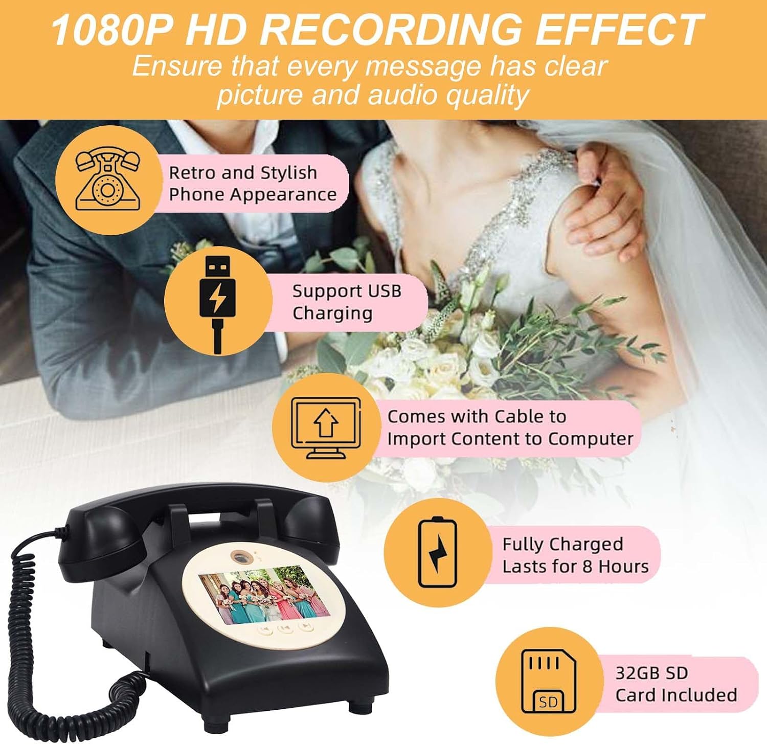 Video Audio Guest Book Wedding Phone,1080P Hd Video Audio Phone Guestbook,for Wedding/Birthday/Graduations/Baby Shower,Beige