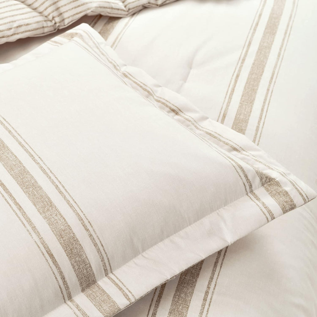 Lush Decor Farmhouse Stripe Reversible Cotton Comforter Set, 2-Piece, Twin XL Neutral - Twin Bedding Set - Dorm Decor - Striped Comforter for Farmhouse Bedroom Decor