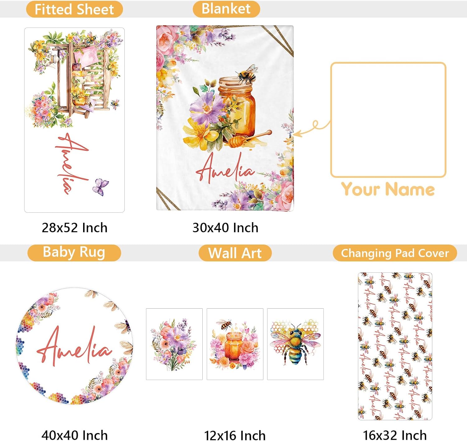 Terwex Custom Baby Crib Bedding Set, 5 Pcs Personalized Name Baby Crib Sets for Infant Toddler, Yellow Bee Nursery Bedding Set for Boy Girl, Double Layer Flannel Baby Bedding Sets Customized Gifts