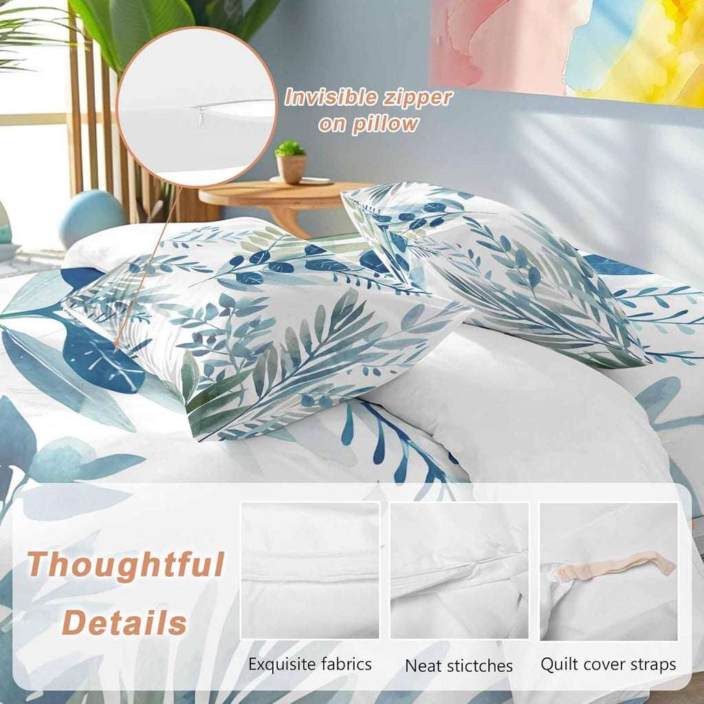 Spring Leaves Duvet Cover Set Queen Size 4 Pieces Watercolor Blue Green Leaf Plant Branch Bedding Set with Zipper Closure, 1 Comforter Cover 90x92 Inches 1 Flat Sheet & 2 Pillow Cases
