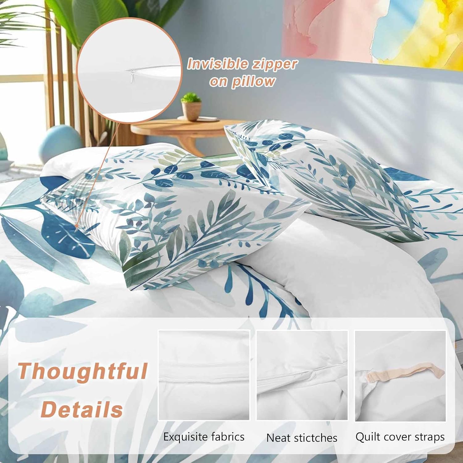 Spring Leaves Duvet Cover Set Queen Size 4 Pieces Watercolor Blue Green Leaf Plant Branch Bedding Set with Zipper Closure, 1 Comforter Cover 90x92 Inches 1 Flat Sheet & 2 Pillow Cases