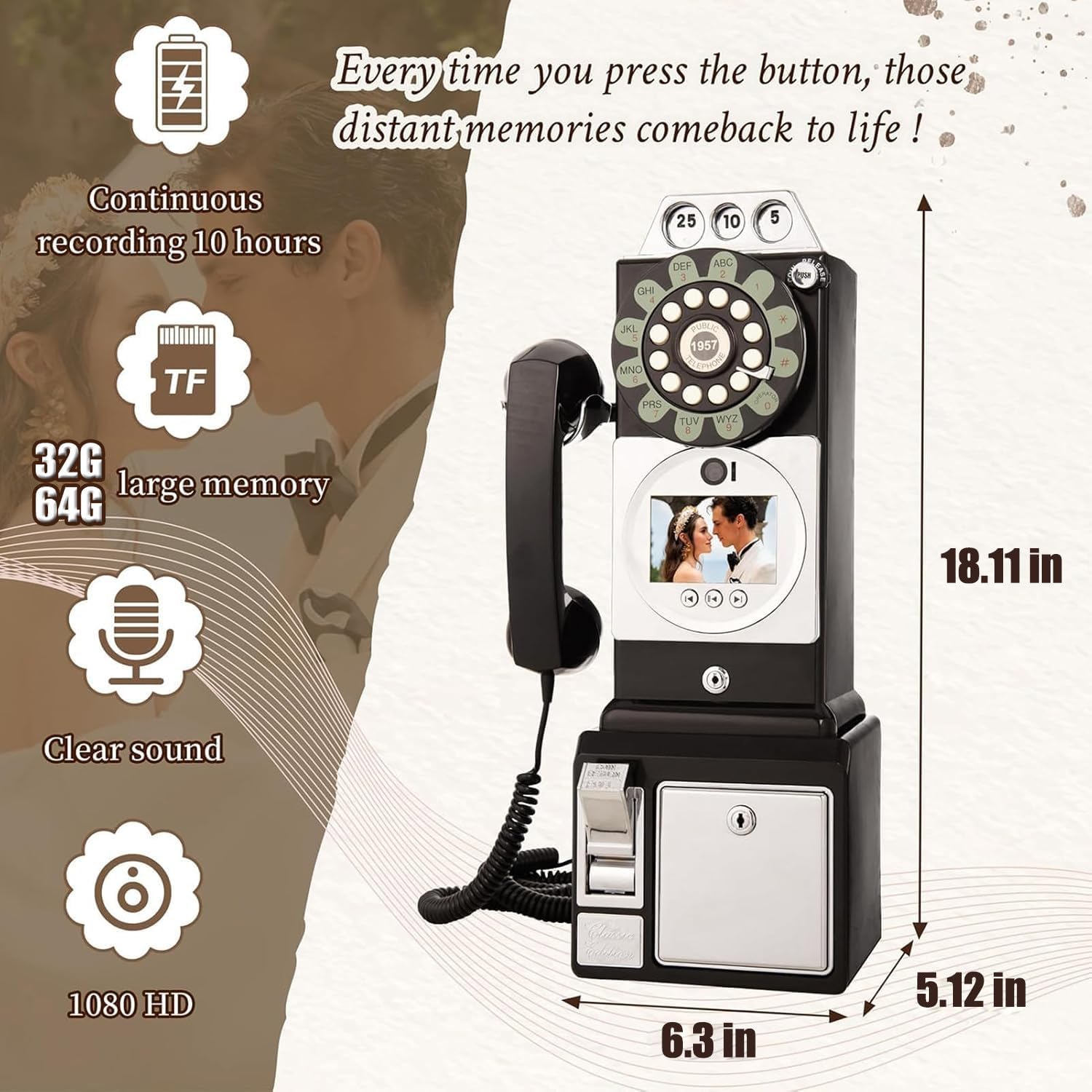 Audio Video Guest Book Wedding Phone, 1080P Video Guestbook Wedding Phone, Video Audio Guest Book Phone, with Lens Recording, 32G 64G Large Memory, Clear Voice, for Weddings,Black-32G
